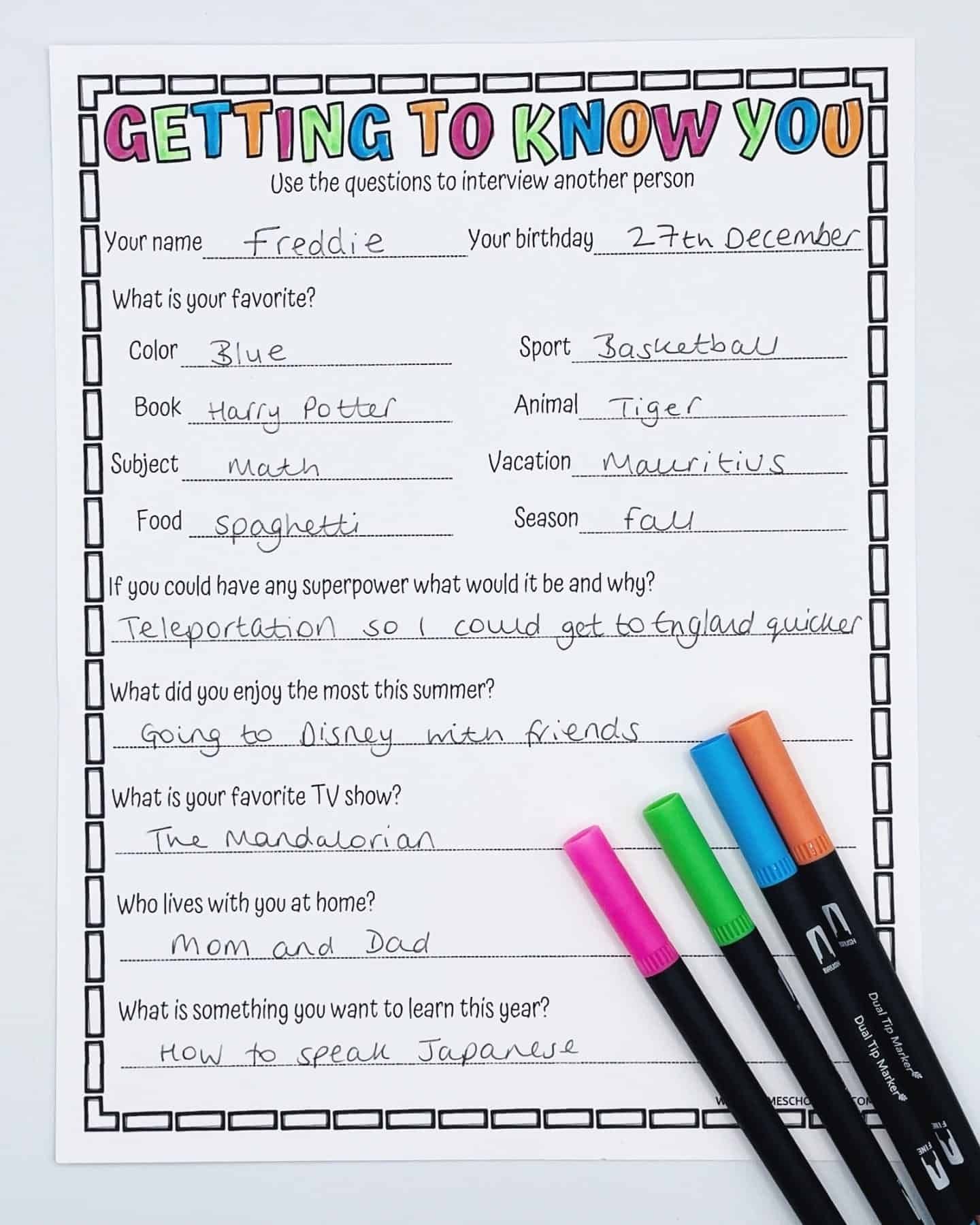 Free Getting To Know You Worksheet For The First Day Of School
