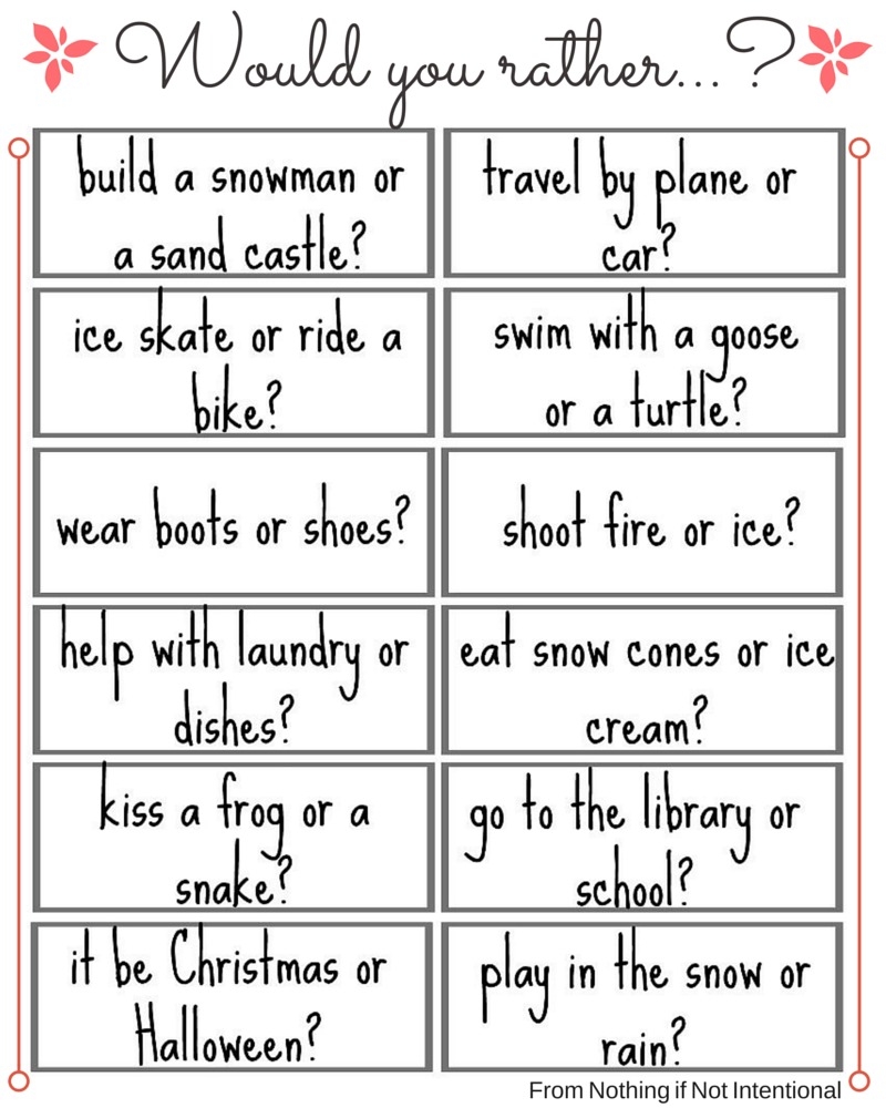 Free Printable 24 Fun Would You Rather Questions with A Subtle FROZEN Theme Haute Happenings 2