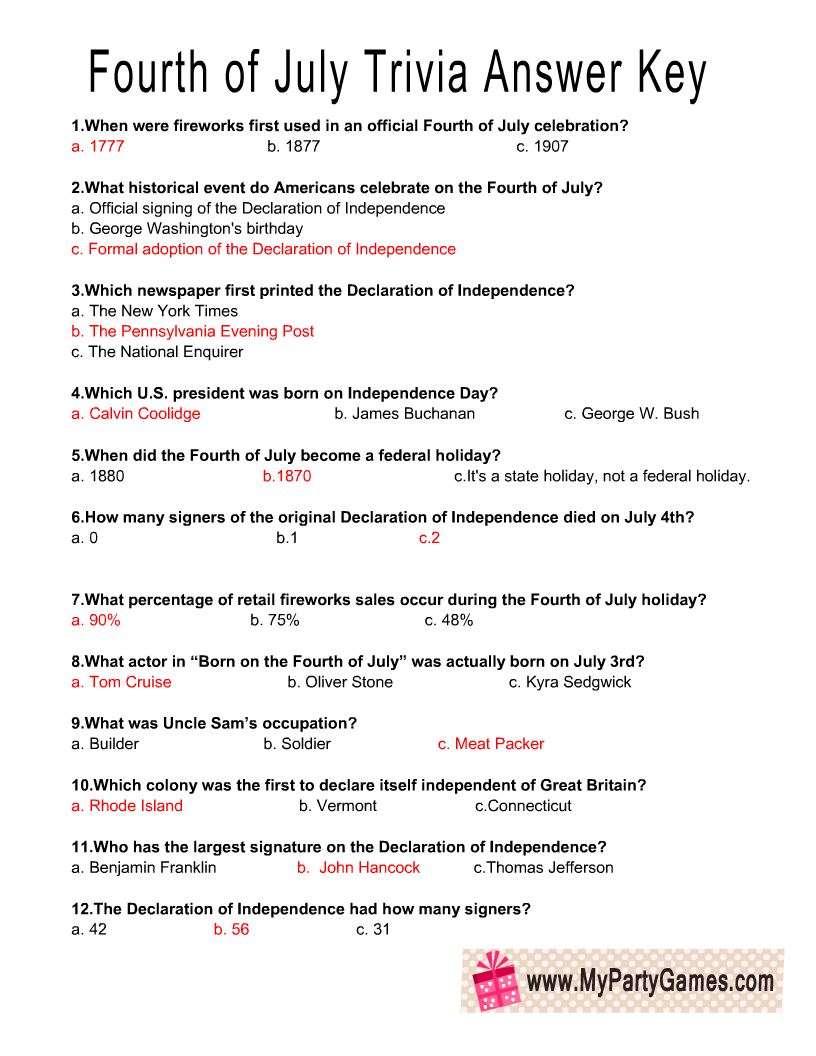 Free Printable 4th Of July USA Independence Day Trivia Quiz