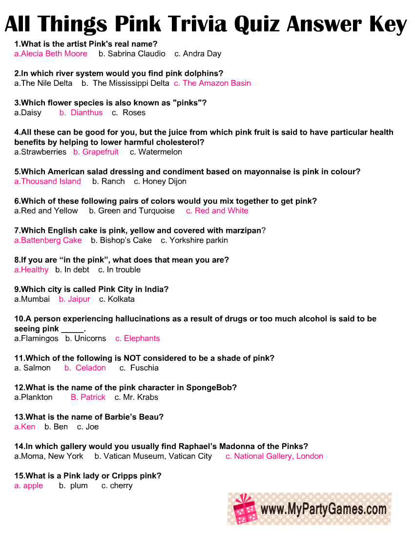 Free Printable All Things Pink Trivia Quiz With Answers