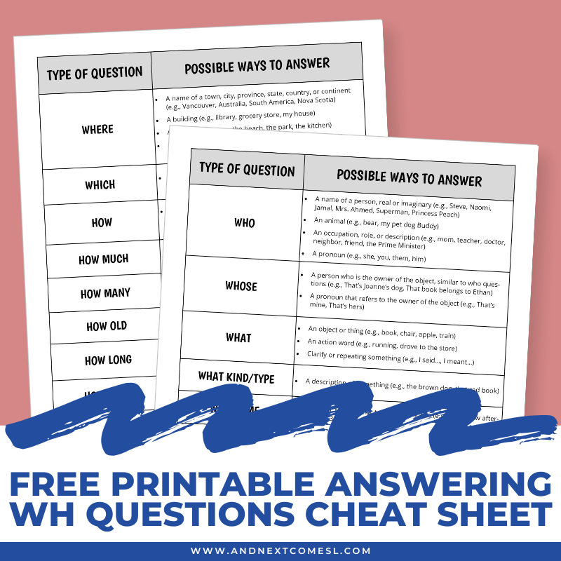 Free Printable Answering WH Questions Cheat Sheet And Next Comes L Hyperlexia Resources