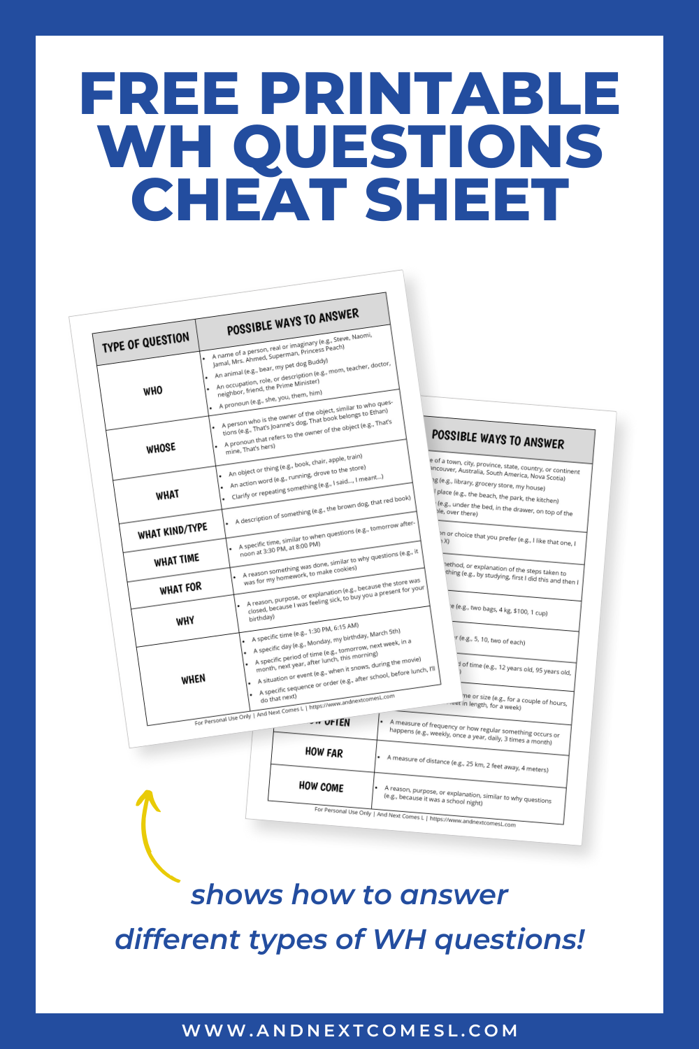 Free Printable Answering WH Questions Cheat Sheet And Next Comes L Hyperlexia Resources