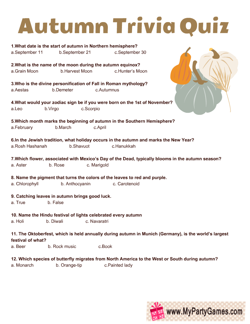 Free Printable Autumn Trivia Quiz With Answer Key Worksheets Library