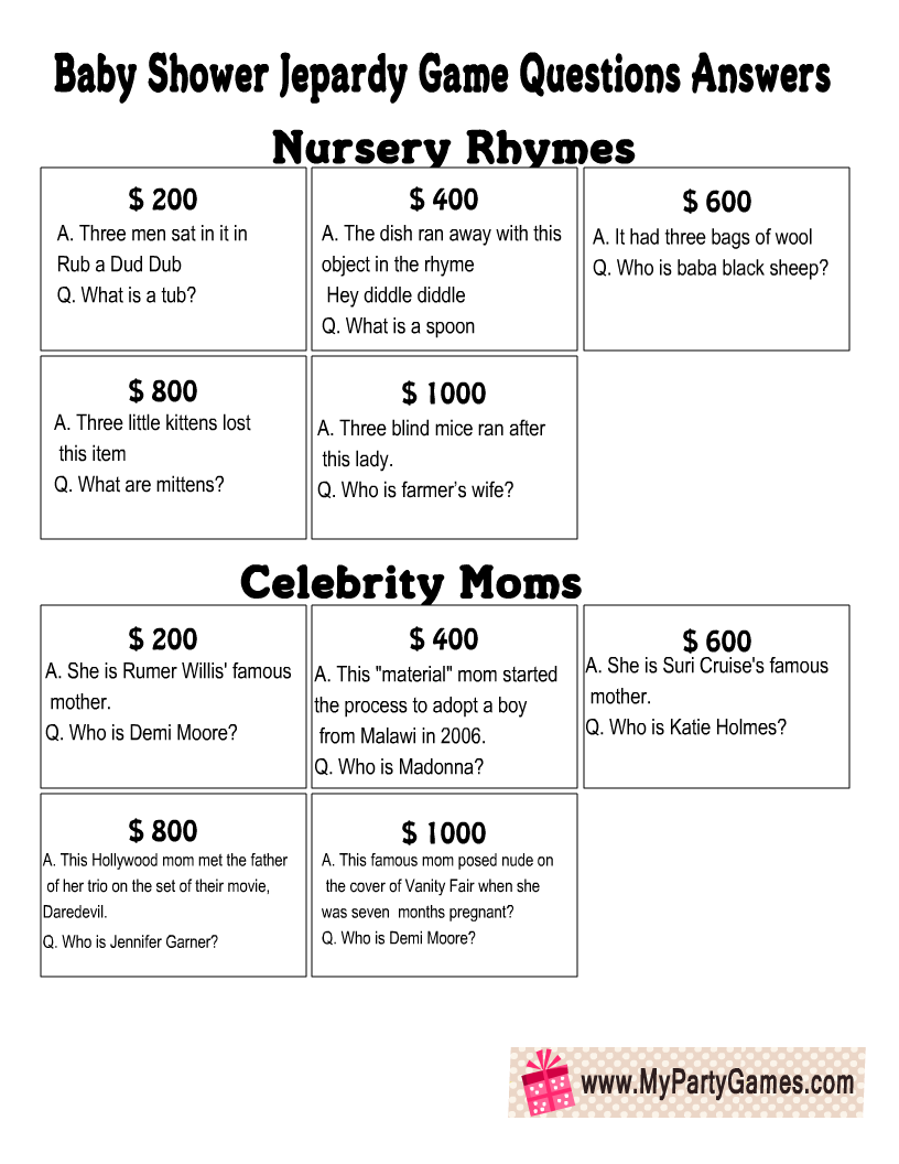 Free Printable Baby Shower Jeopardy Game