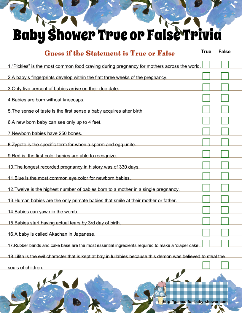 Free Printable Baby Shower True Or False Trivia Quiz With Answer Key
