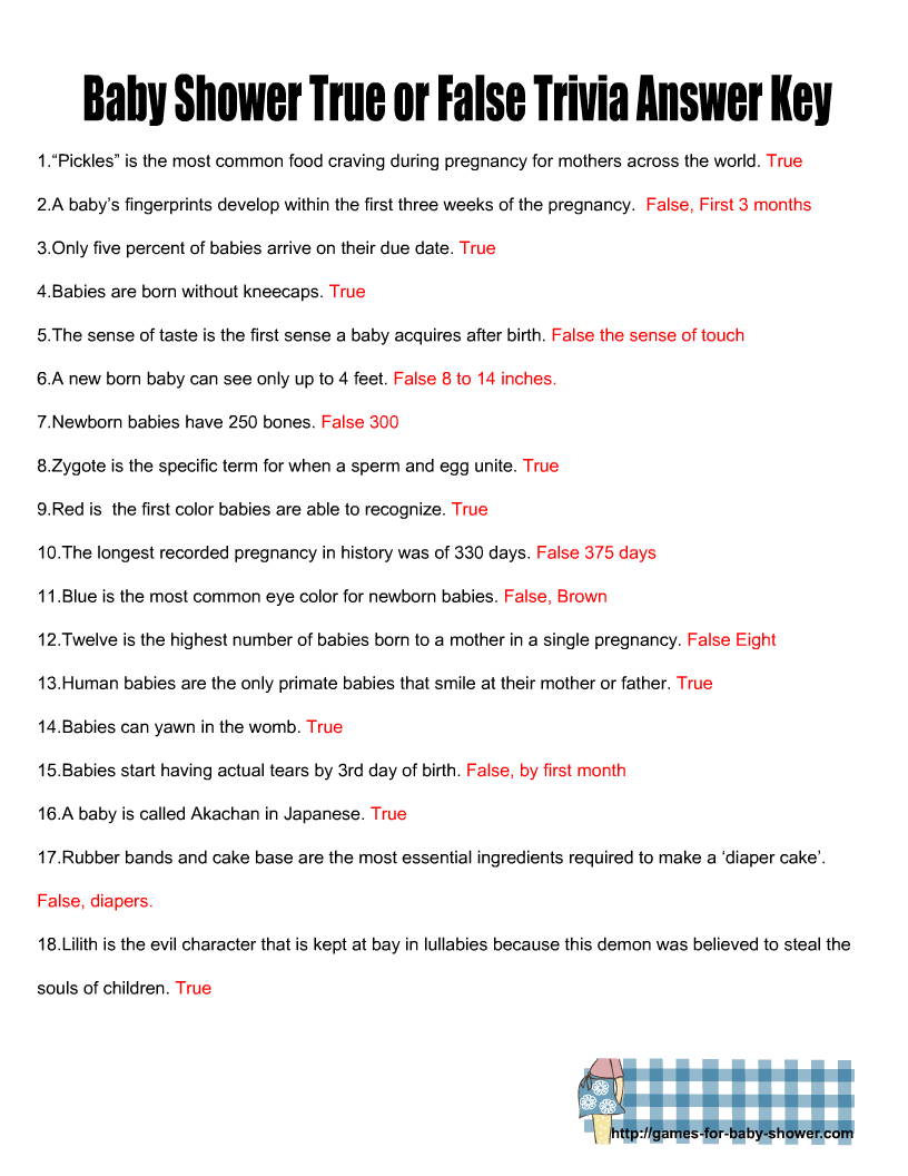 Free Printable Baby Shower True Or False Trivia Quiz With Answer Key