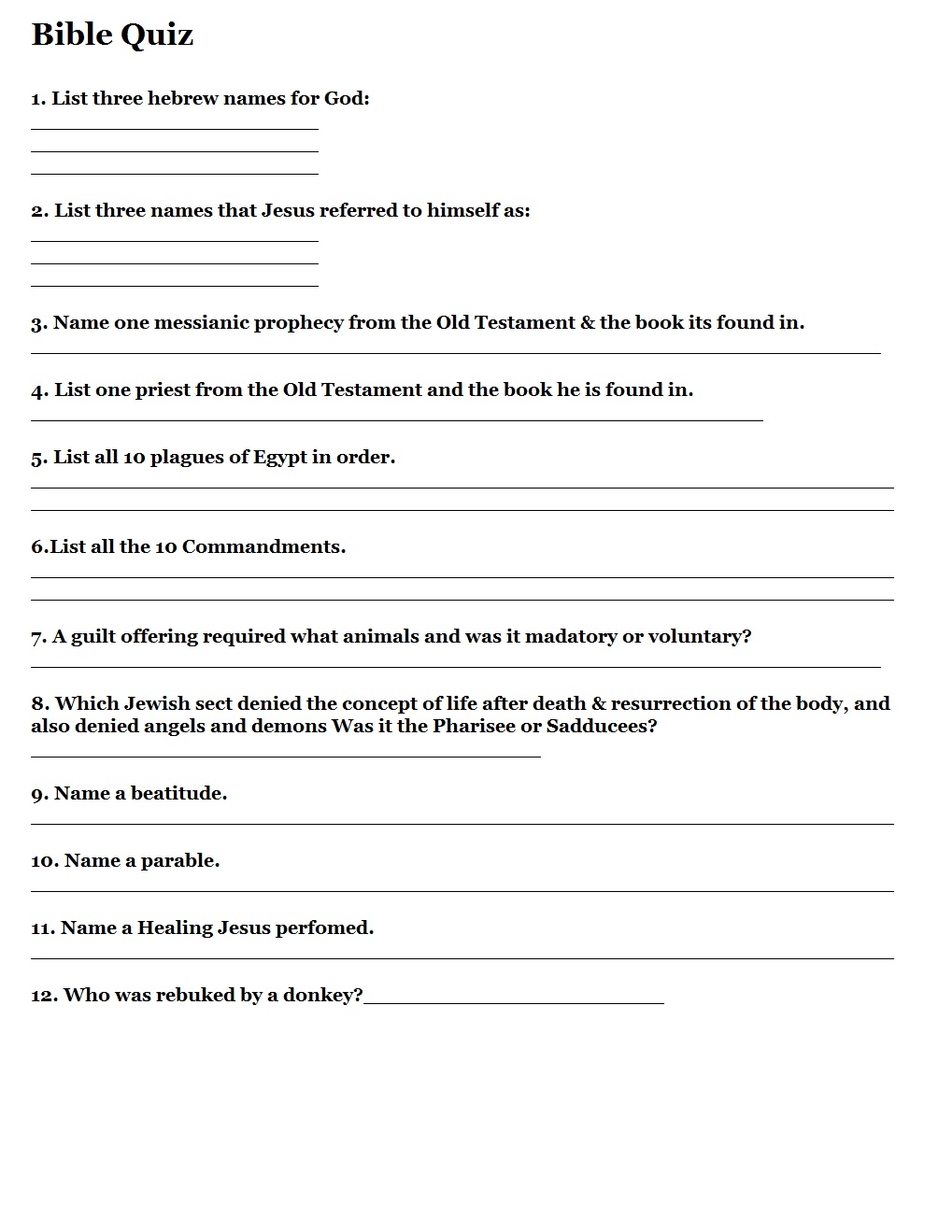 Free Printable Bible Trivia with Answer