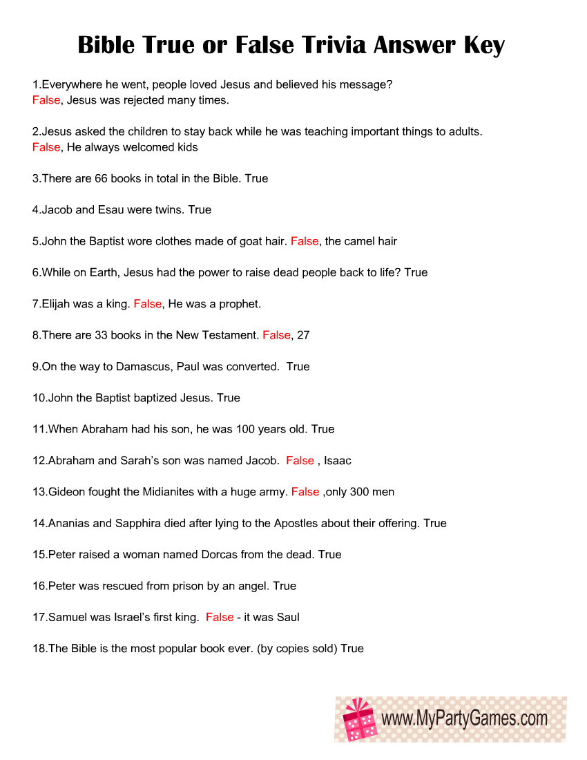 Free Printable Bible True Or False Trivia Quiz