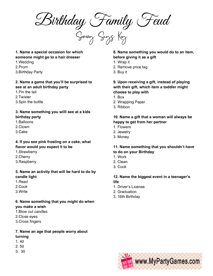 Free Printable Birthday Family Feud Game And Survey Key