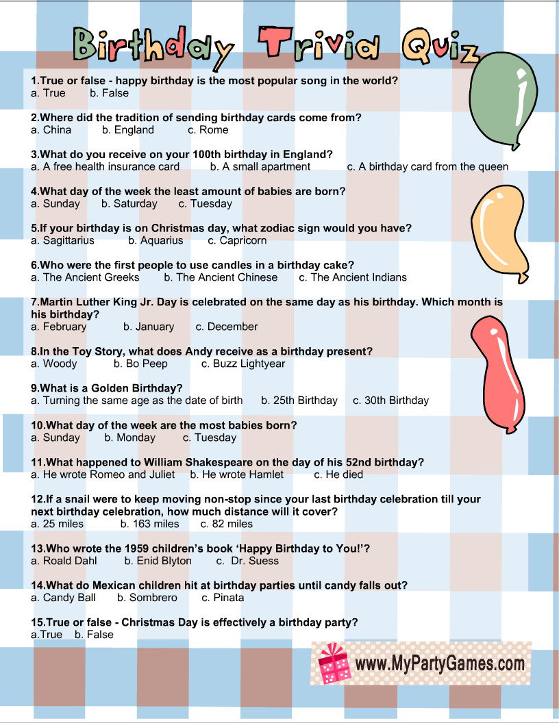 Free Printable Birthday Trivia Quiz With Answer Key