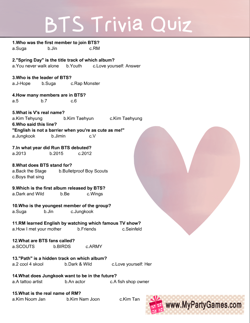 Free Printable BTS Trivia Quiz With Answer Key