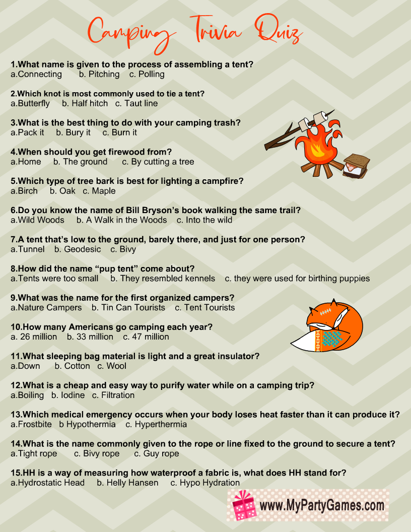 Free Printable Camping Trivia Quiz With Answer Key Worksheets Library