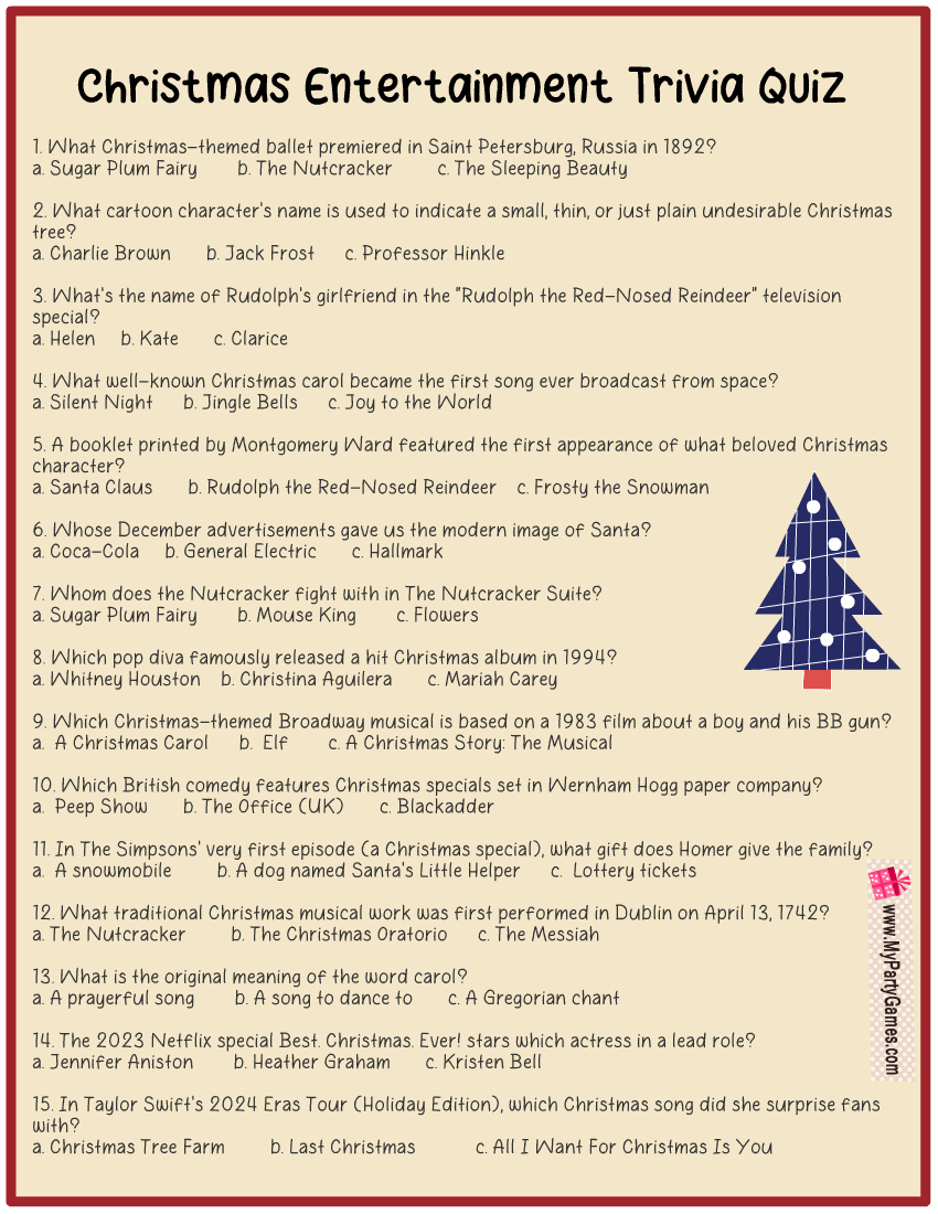 Free Printable Christmas Entertainment Trivia Quiz