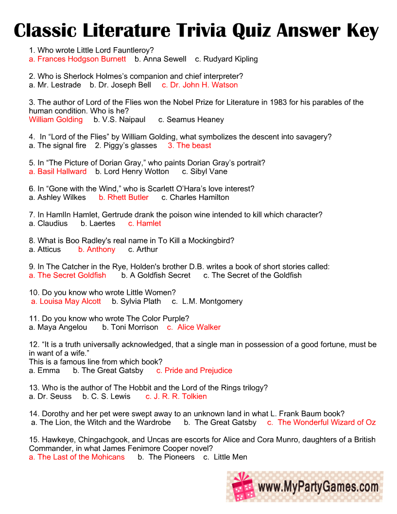 Free Printable Classic Literature Trivia Quiz With Answer Key