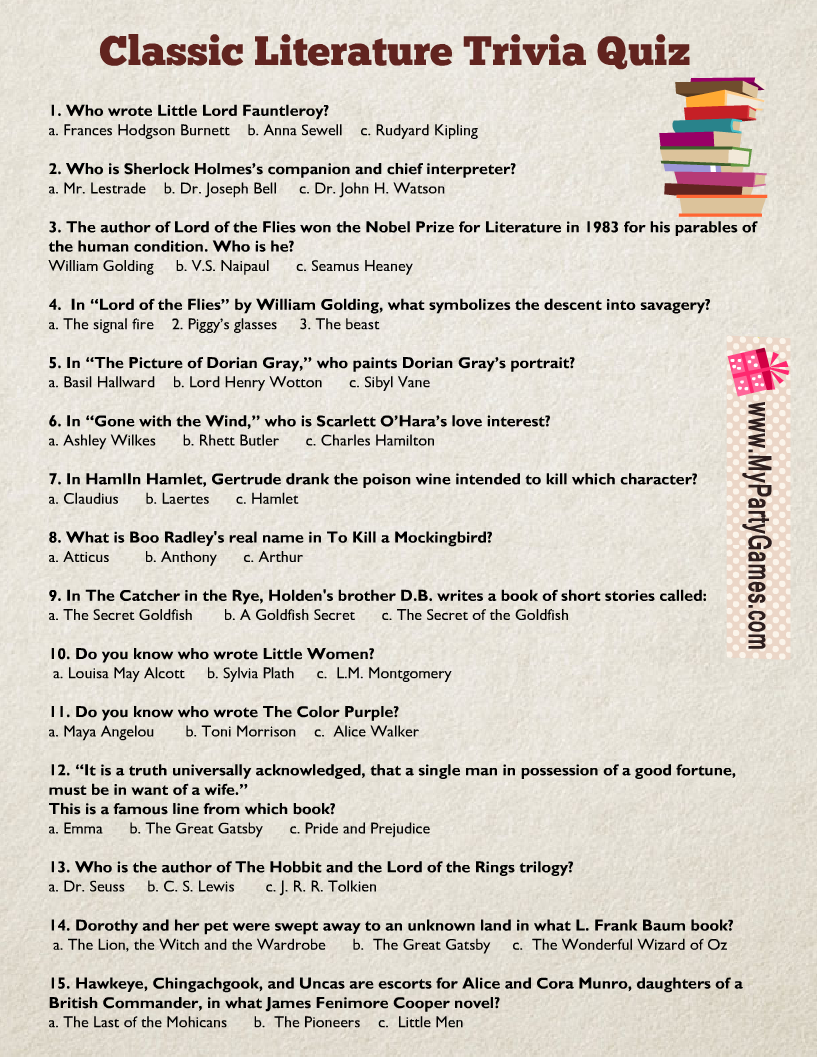 Free Printable Classic Literature Trivia Quiz With Answer Key