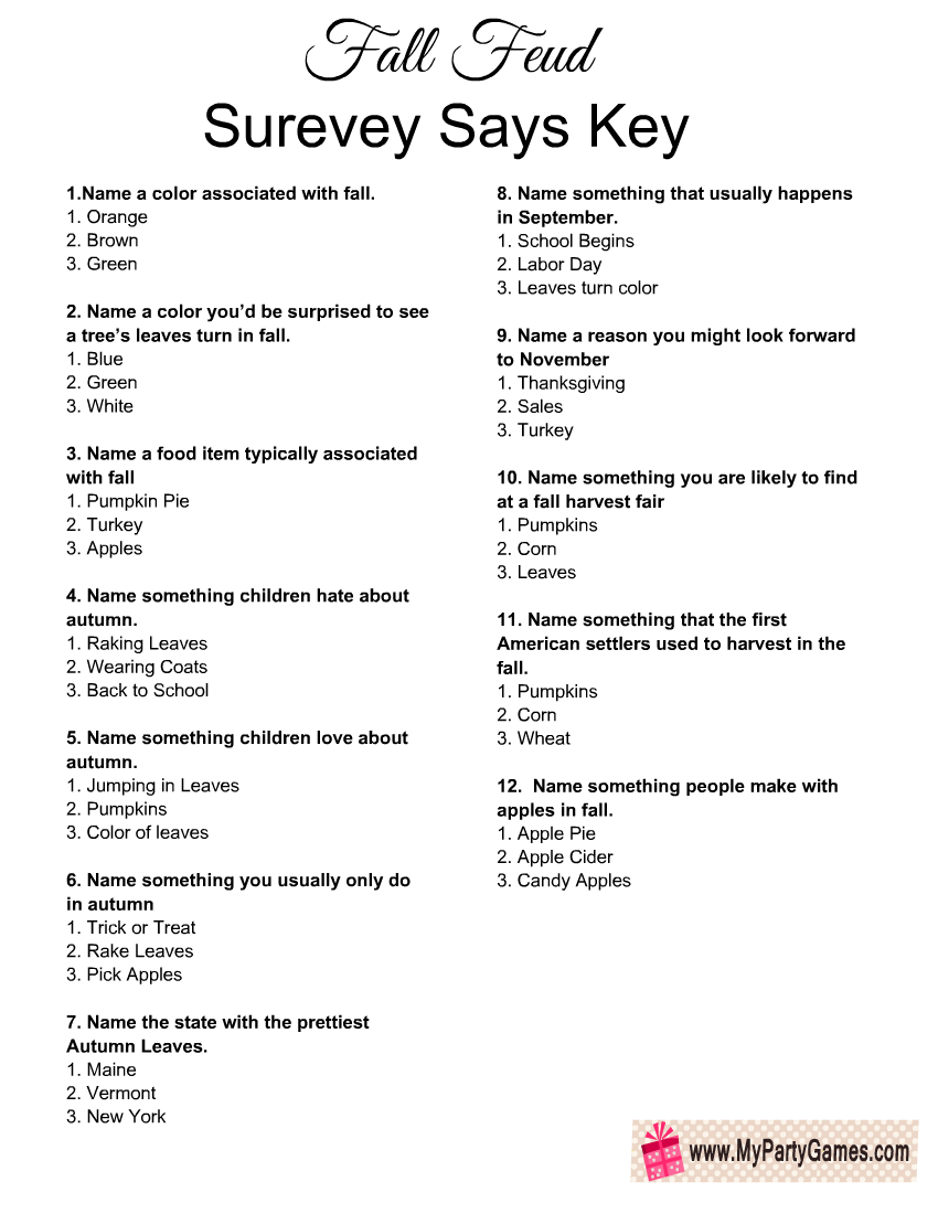 Free Printable Fall Feud Game With Survey Says Key