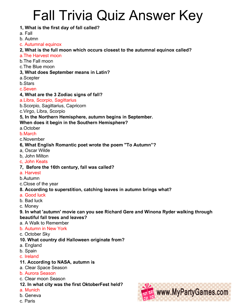 Free Printable Fall Trivia Quiz With Answer Key