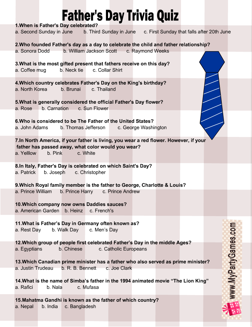 Free Printable Fathers Day Trivia Quiz With Answer Key Worksheets Library