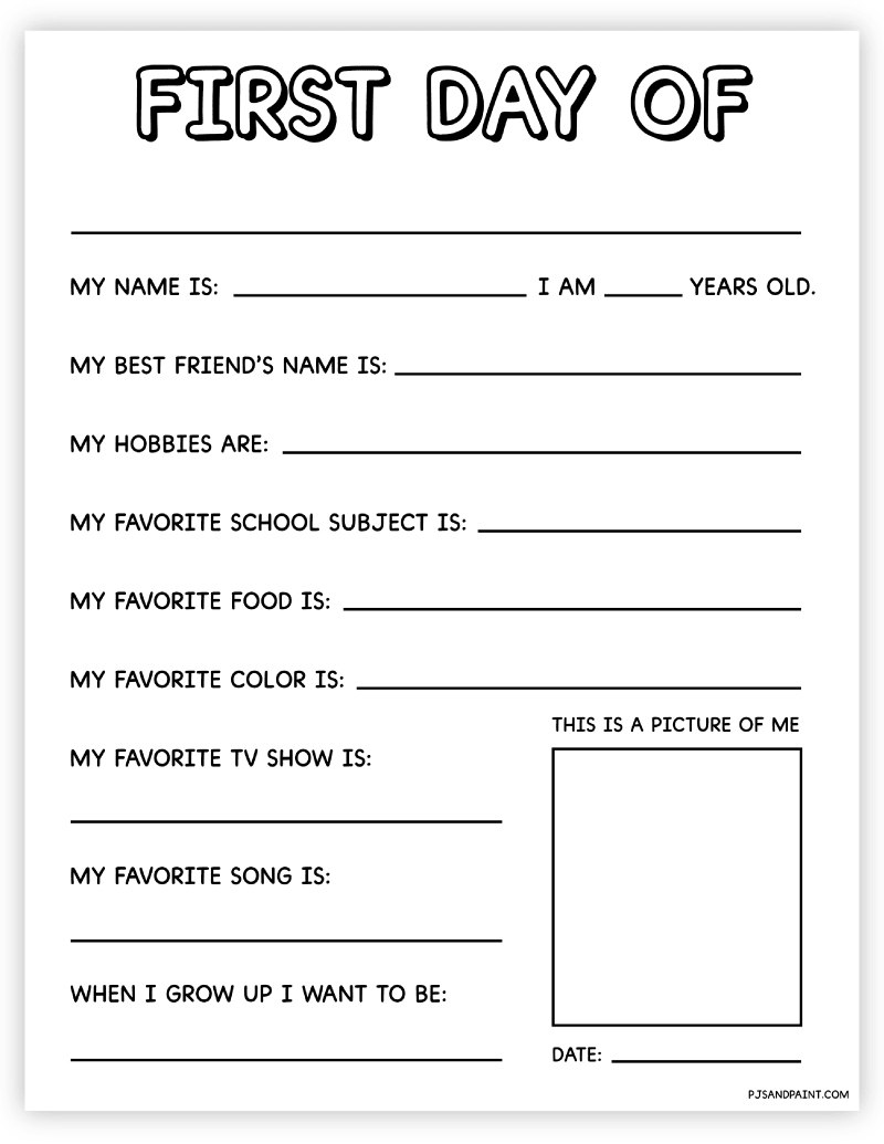 Free Printable First Day Of School Questionnaire Pjs And Paint