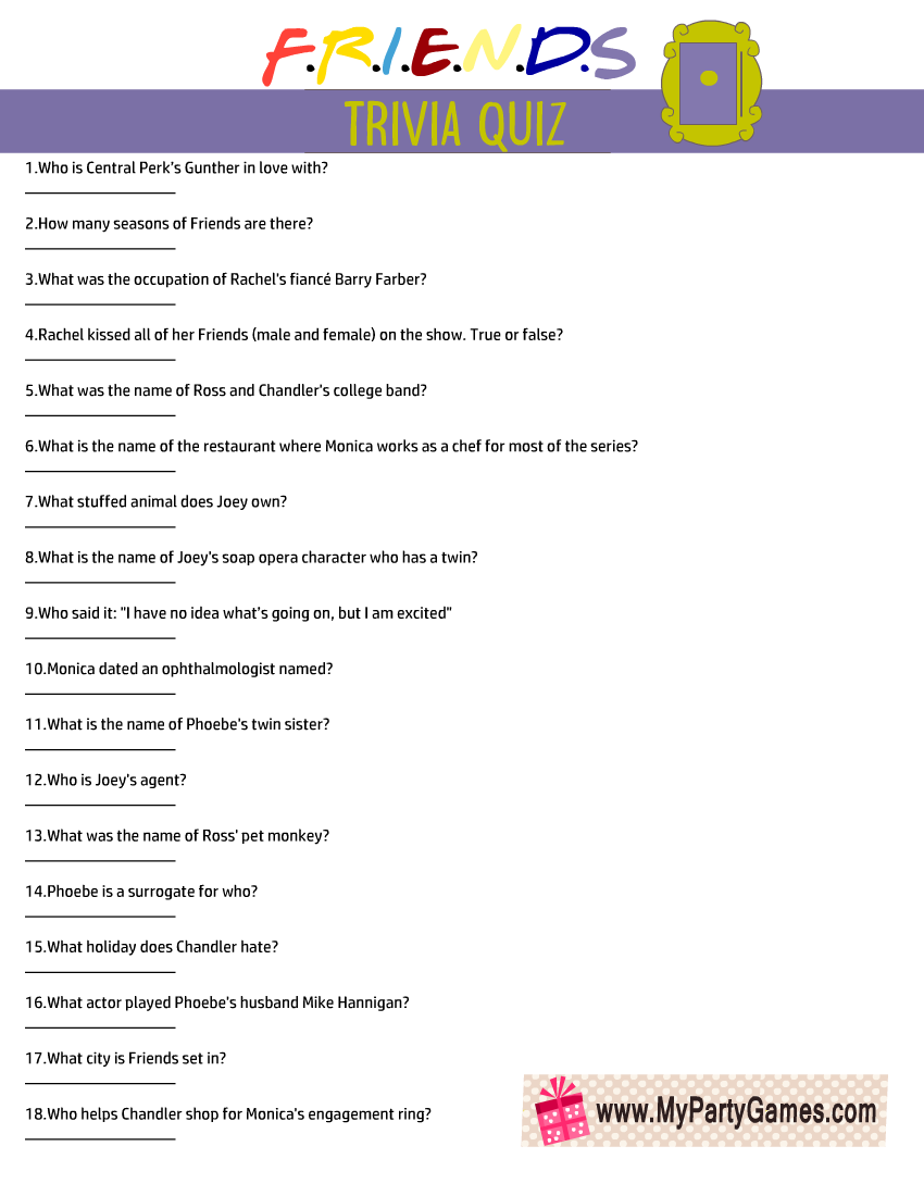 Free Printable Friends TV Show Trivia Quiz With Key