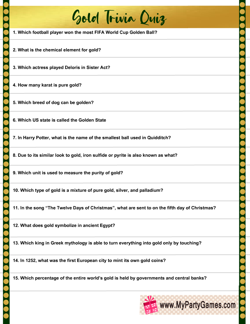 Free Printable Gold Trivia Quiz With Answer Key