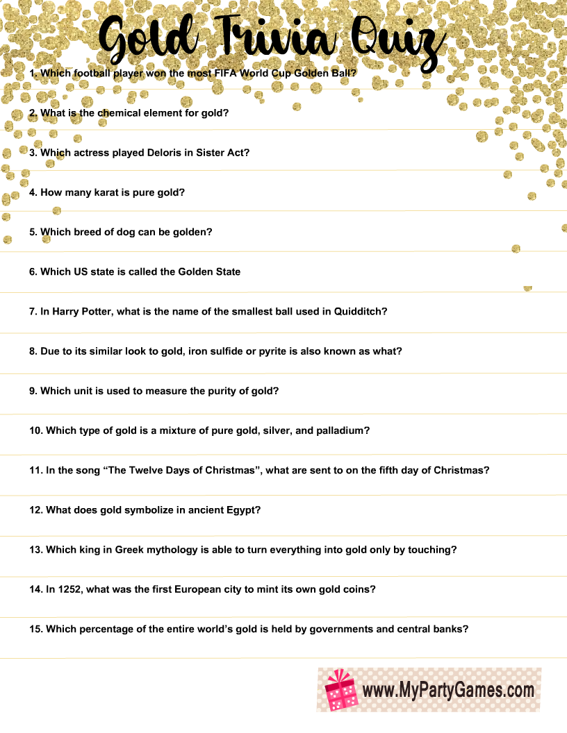 Free Printable Gold Trivia Quiz With Answer Key