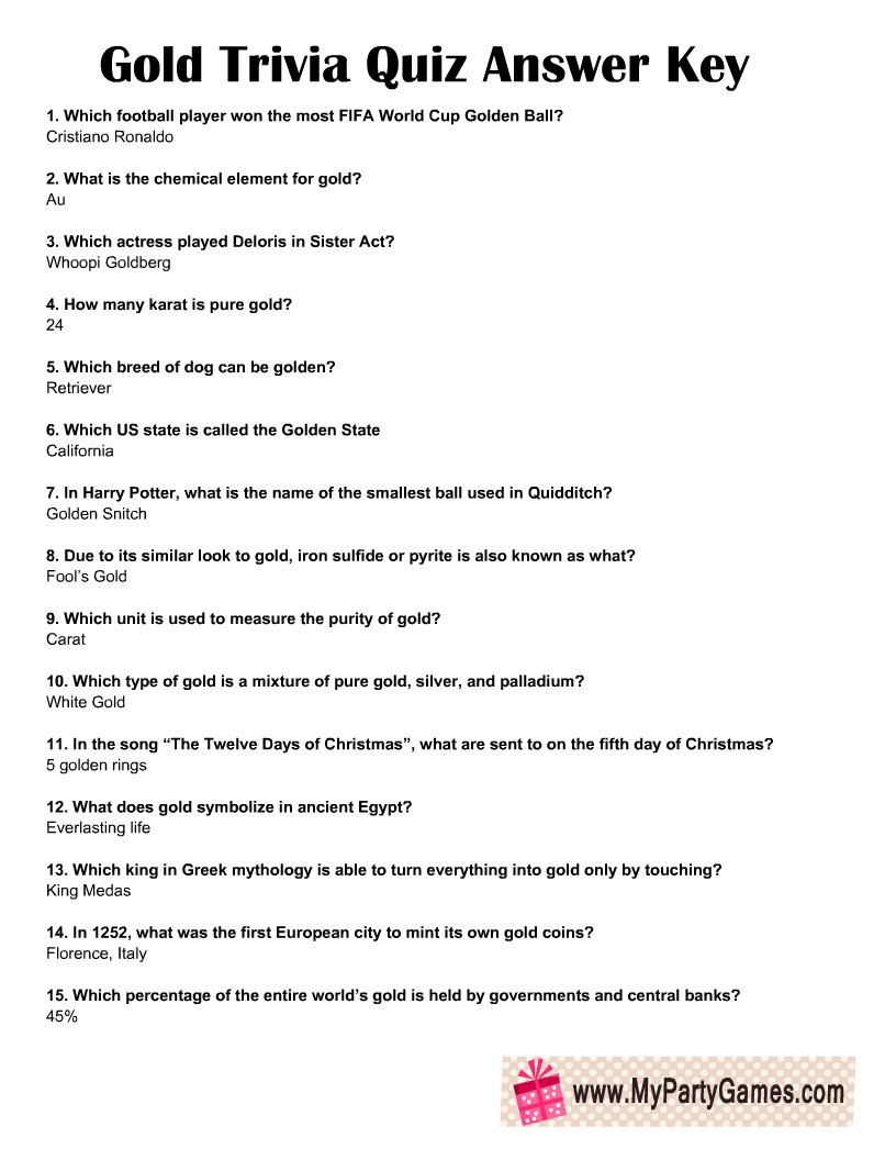 Free Printable Gold Trivia Quiz With Answer Key
