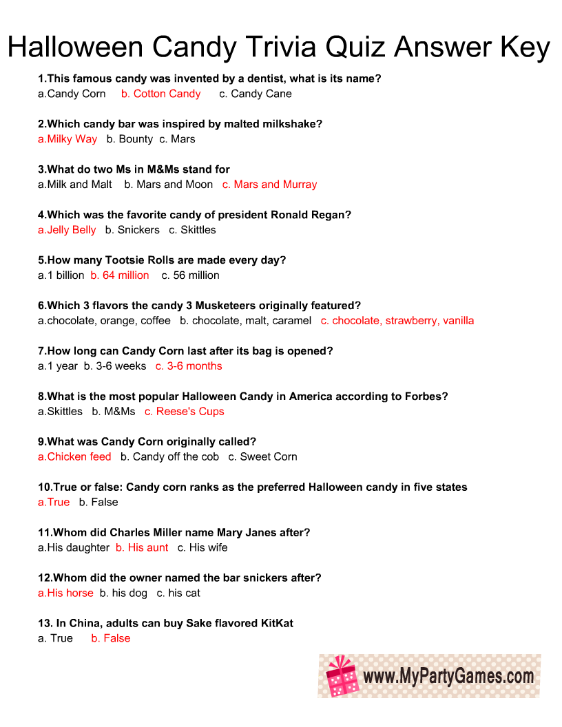 Free Printable Halloween Candy Trivia Quiz With Answer Key