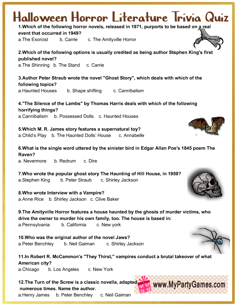 Free Printable Halloween Horror Literature Trivia Quiz