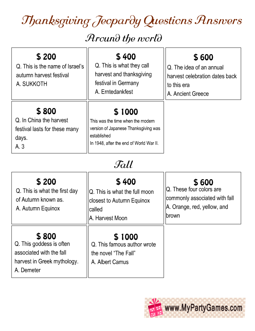 Free Printable Jeopardy inspired Game For Thanksgiving