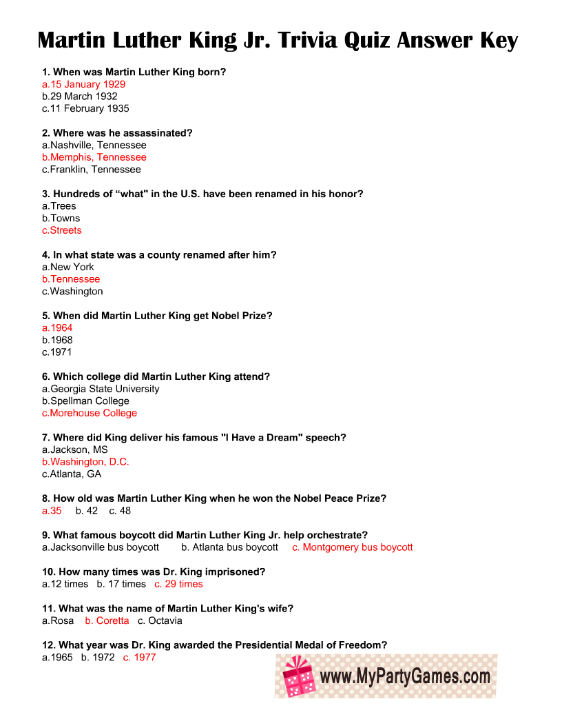 Free Printable Martin Luther King Jr Trivia Quiz With Answer Key
