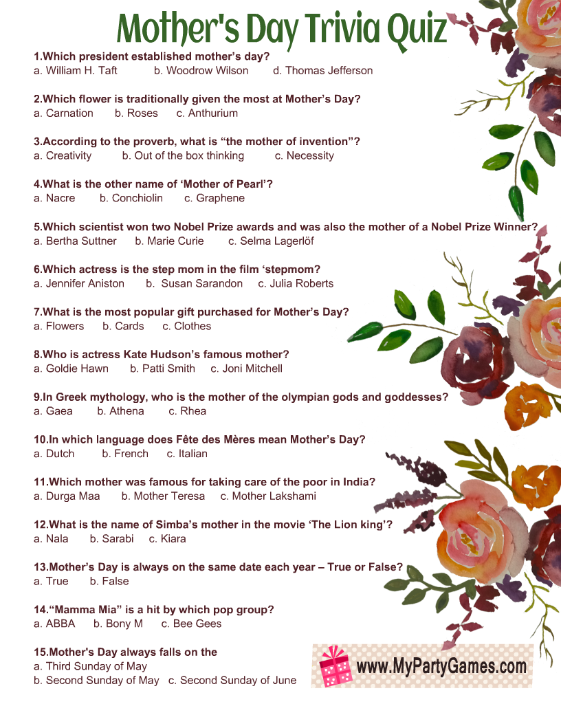 Free Printable Mother s Day Trivia Quiz With Answer Key