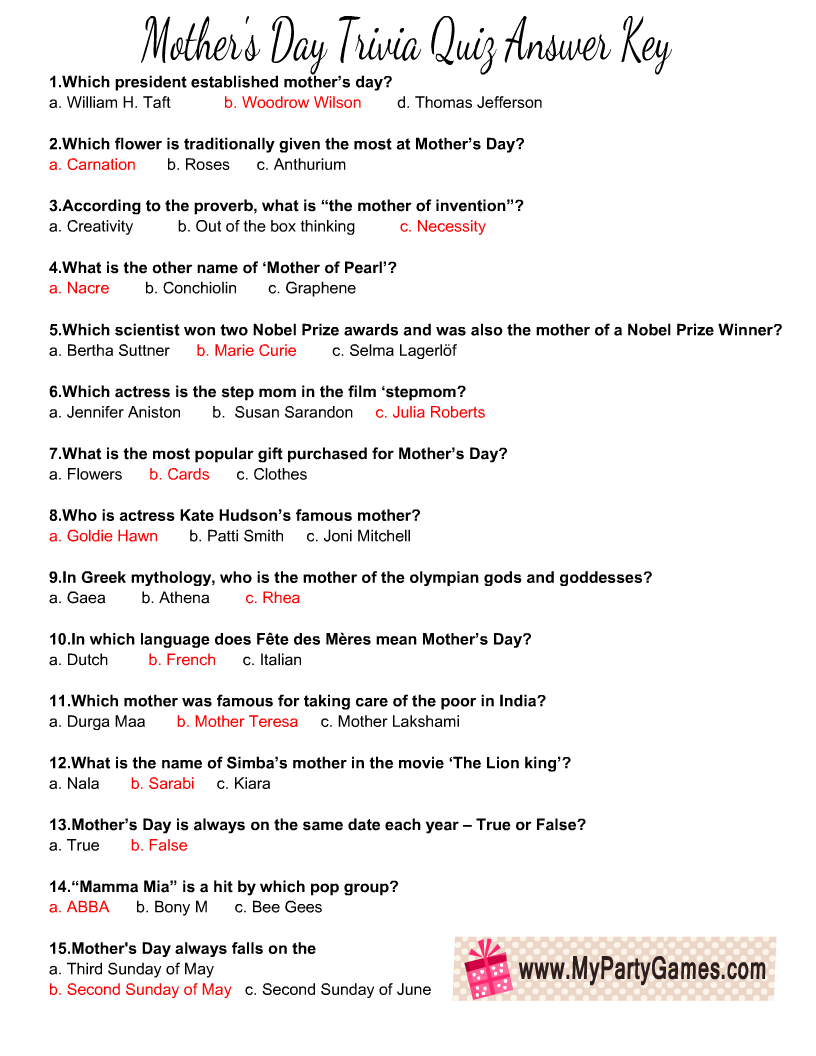 Free Printable Mother s Day Trivia Quiz With Answer Key