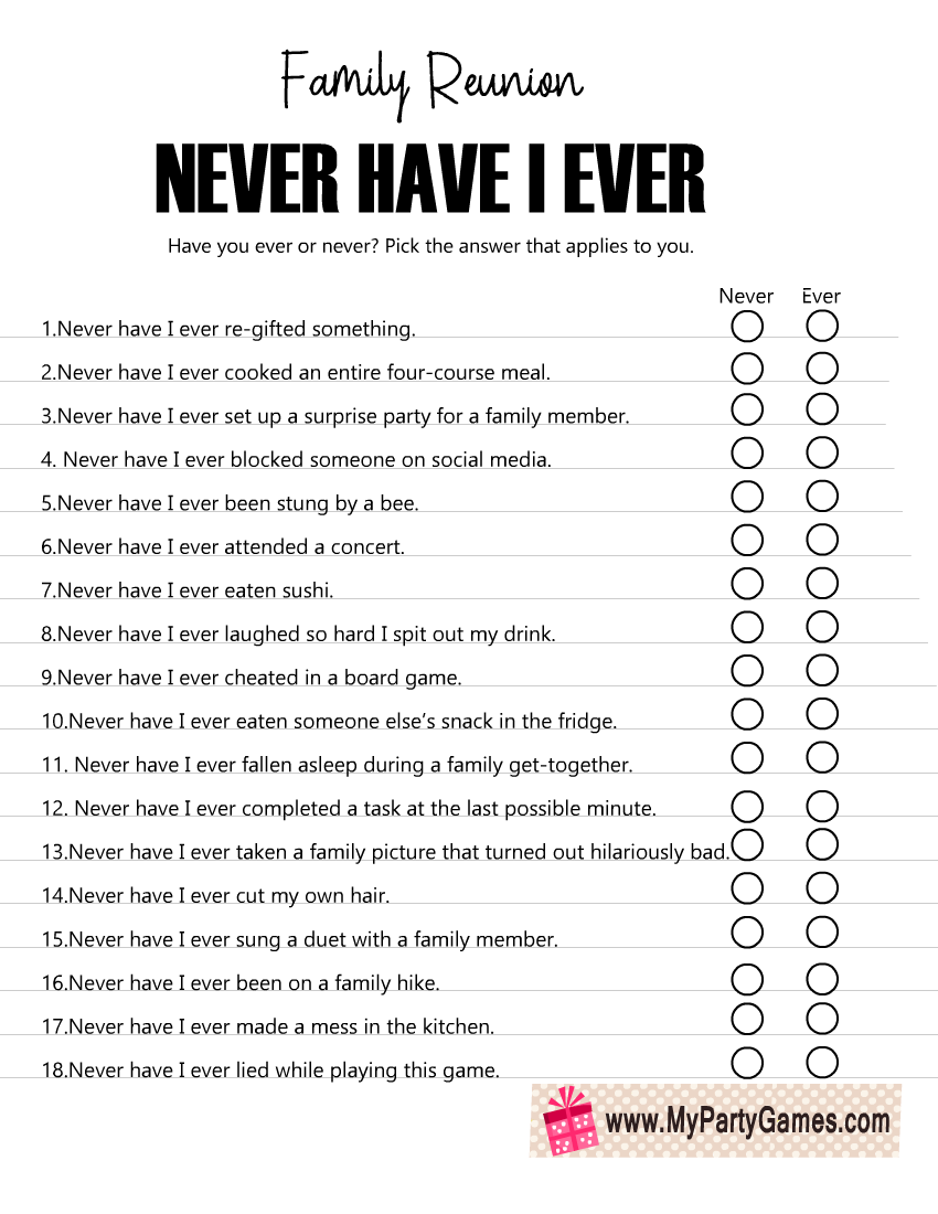 Free Printable Never Have I Ever Family Reunion Game