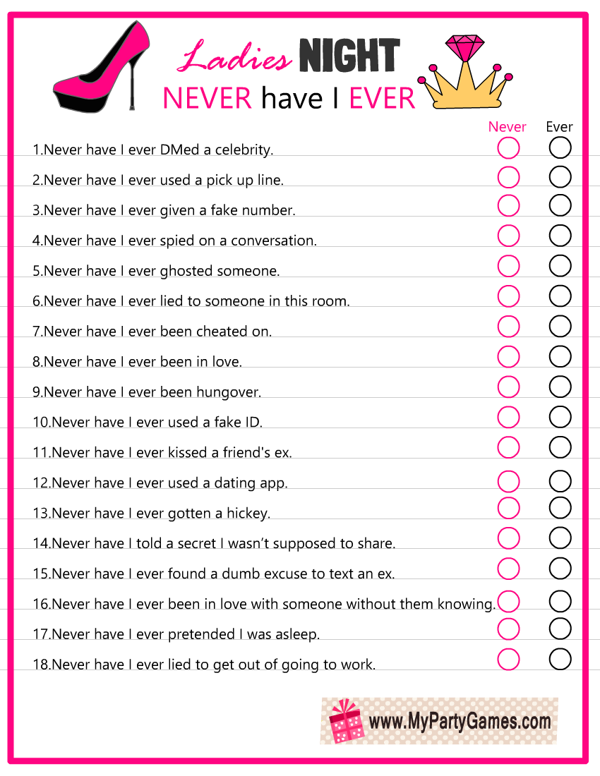 Free Printable Never Have I Ever Ladies Night Game