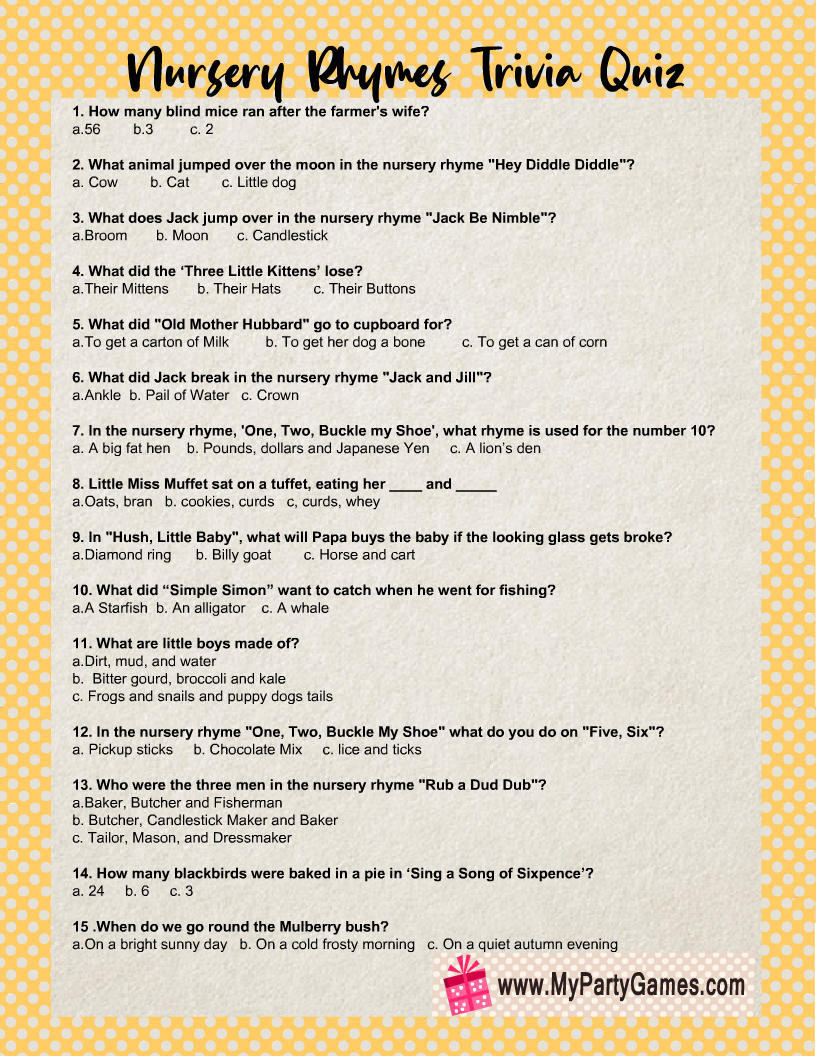 Free Printable Nursery Rhymes Trivia Quiz With Answer Key