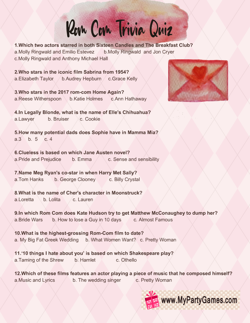 Free Printable Rom Com Trivia Quiz With Answer Key