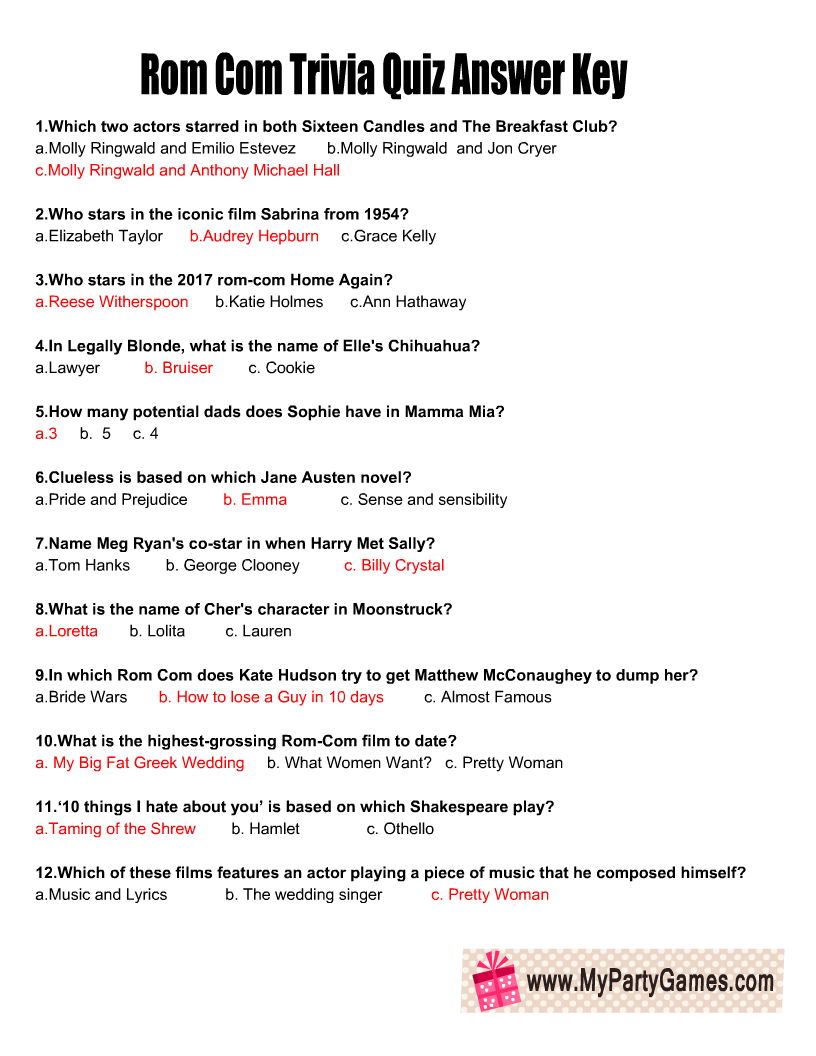 Free Printable Rom Com Trivia Quiz With Answer Key
