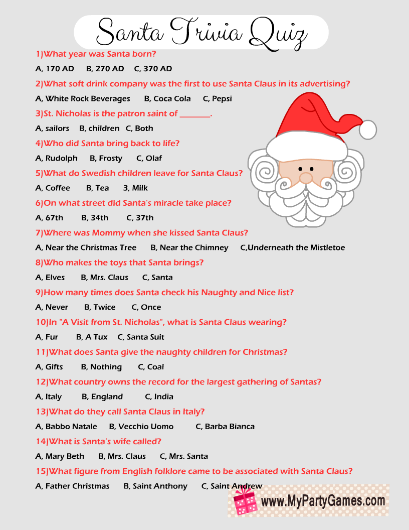 free printable santa trivia quiz