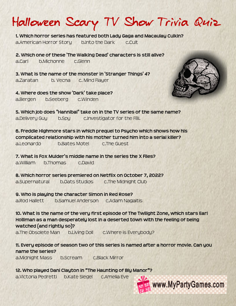 Free Printable Scary TV Show Trivia Quiz For Halloween