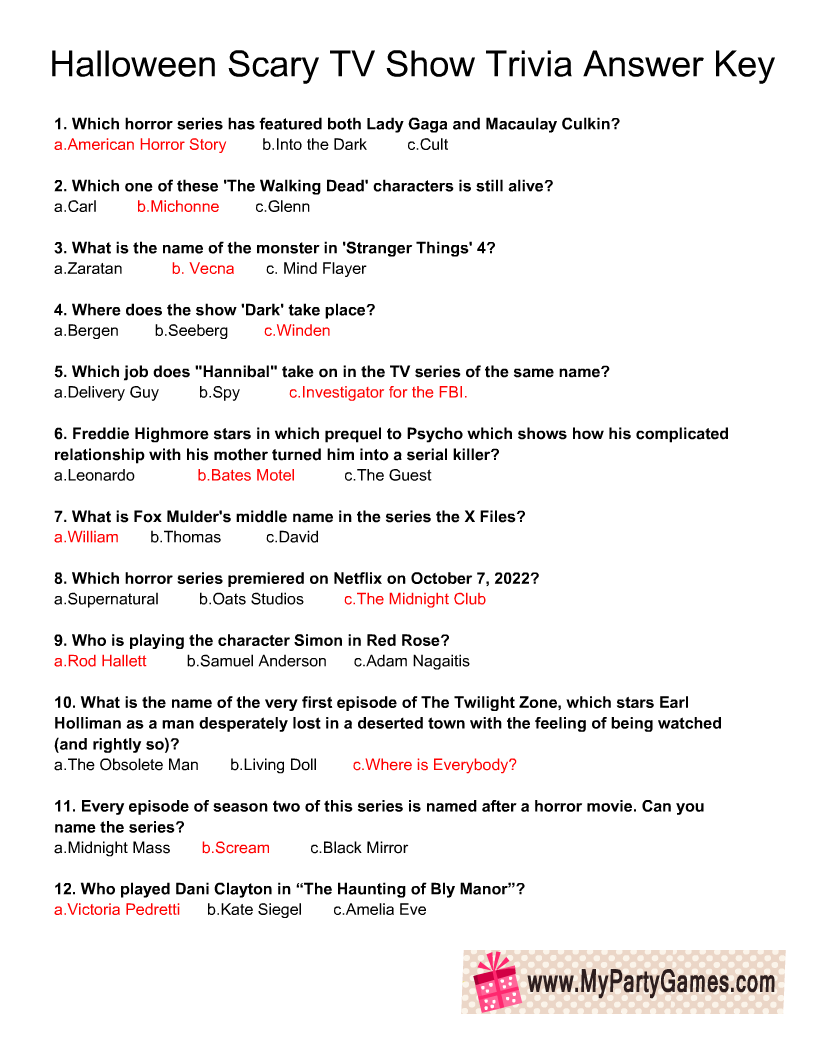 Free Printable Scary TV Show Trivia Quiz For Halloween