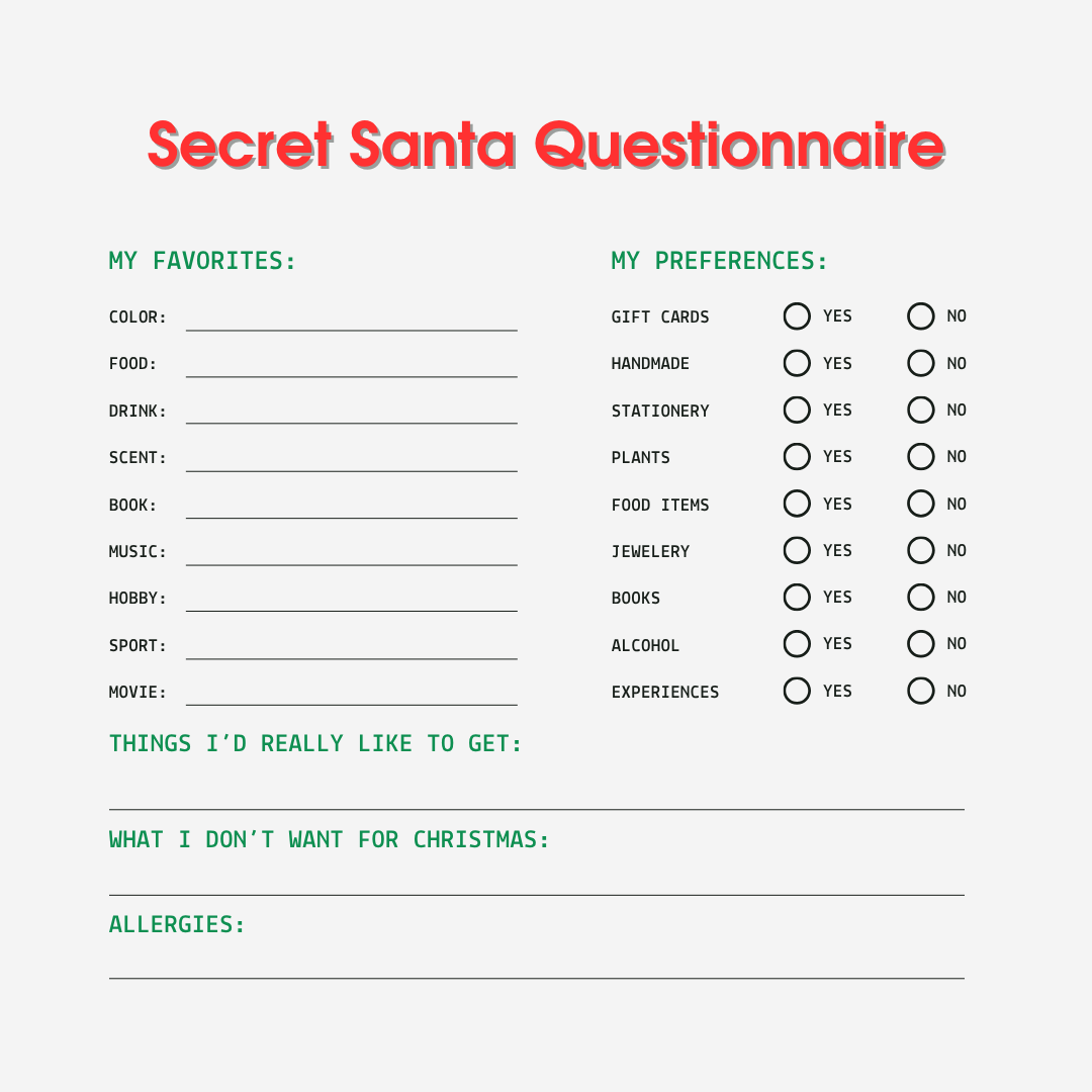 Free Printable Secret Santa Questionnaire For Everyone