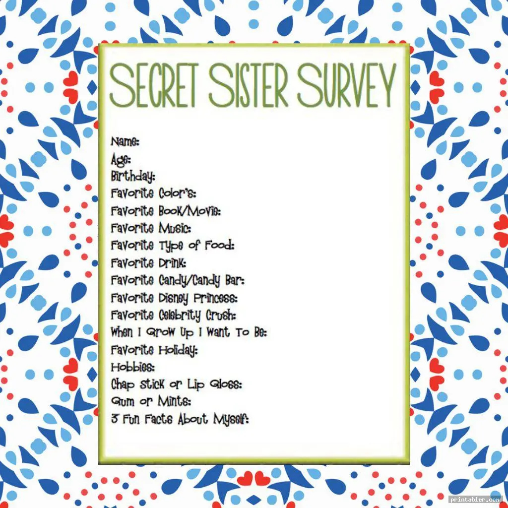 Free Printable Secret Sister Questionnaire Printable Party Favors