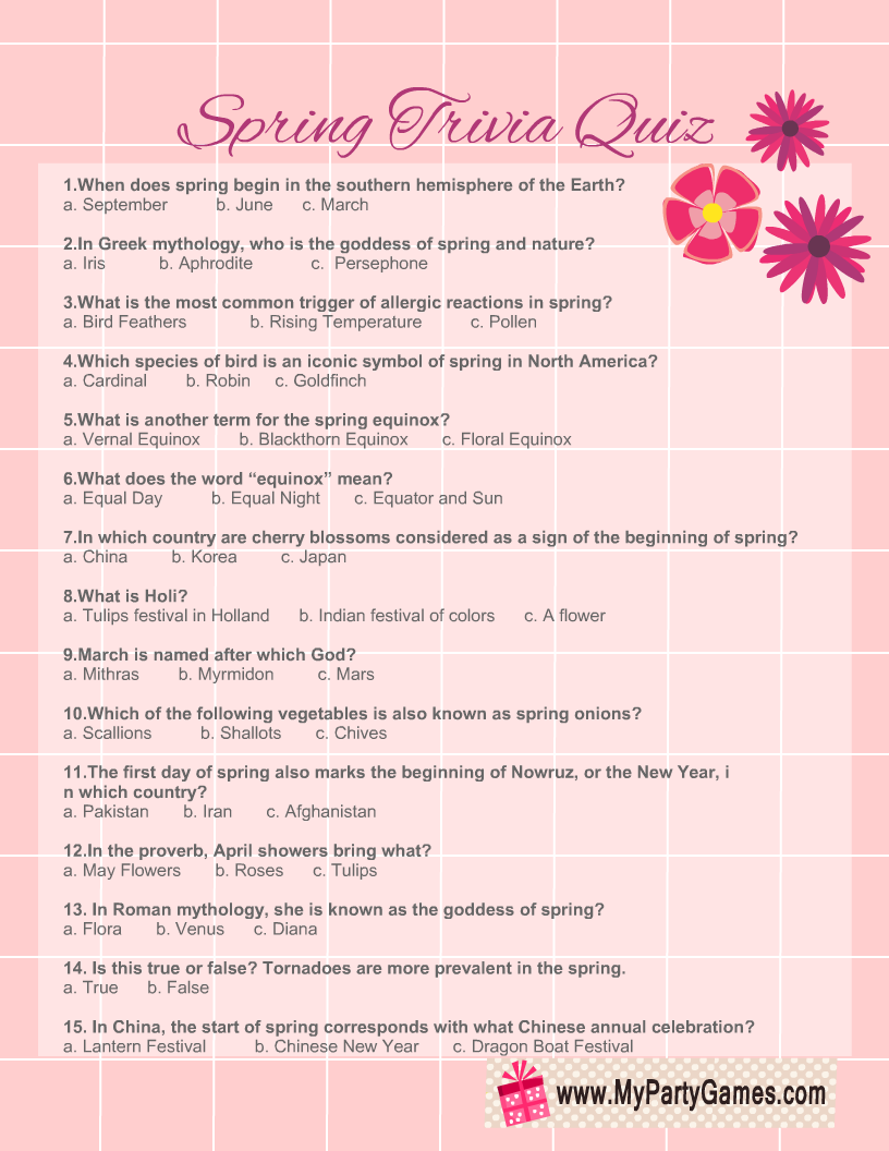Free Printable Spring Trivia Quiz With Answer Key Worksheets Library