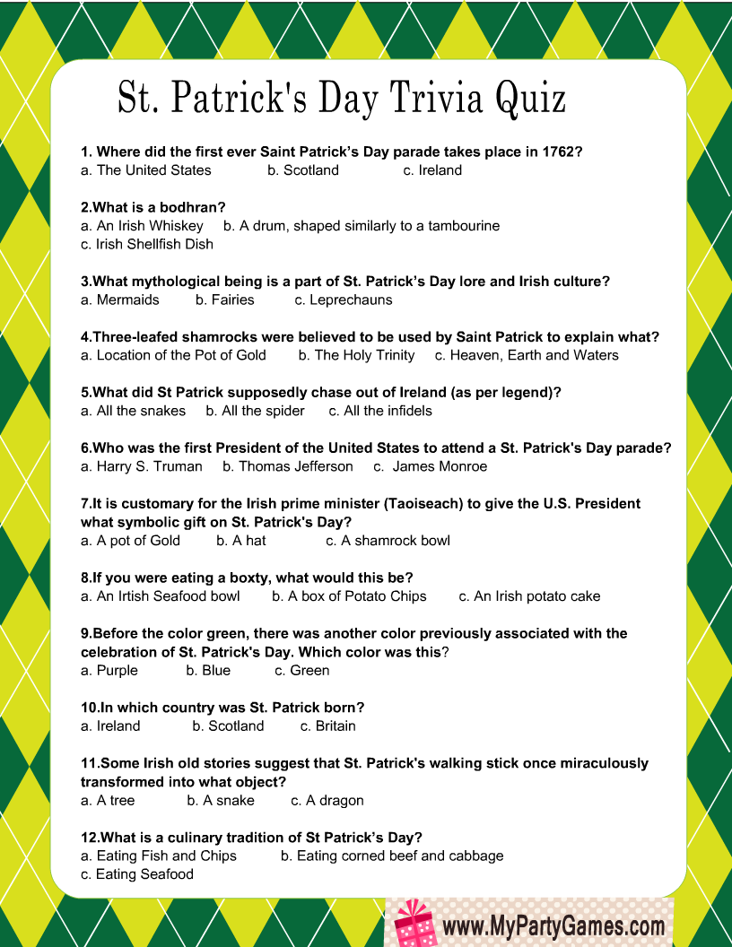 Free Printable St Patrick s Day Trivia Quiz