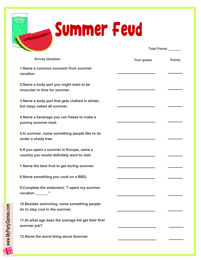 Free Printable Summer Feud Game With Survery Says Key