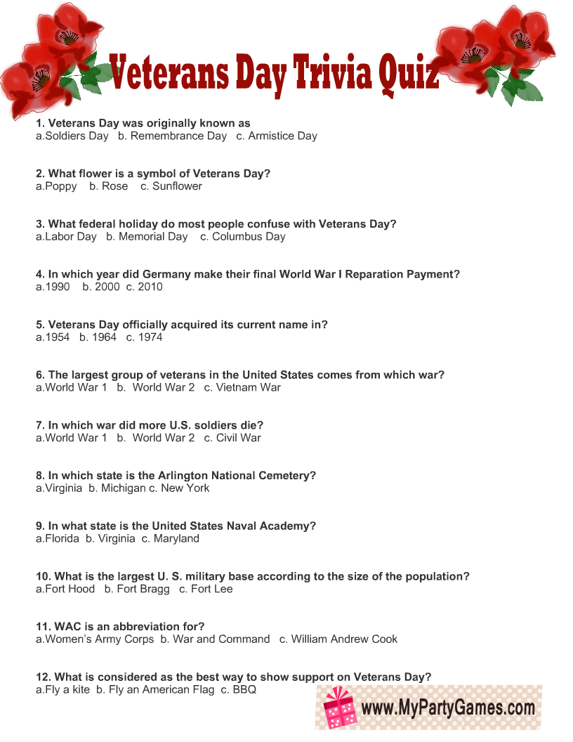 Free Printable Veterans Day Trivia Quiz With Answer Key