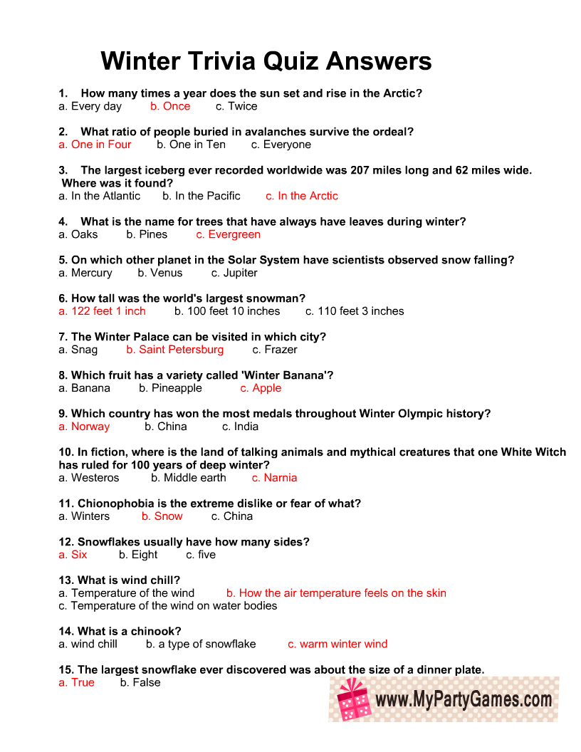 free printable winter trivia quiz with answers