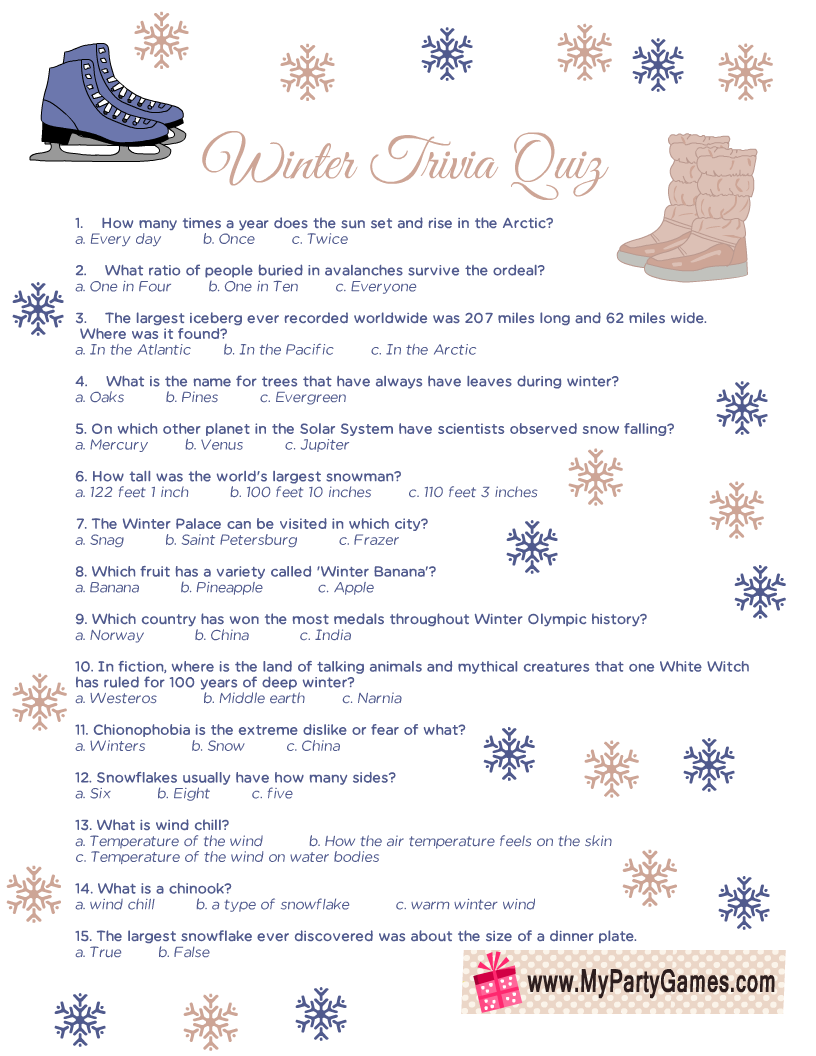 free printable winter trivia quiz with answers