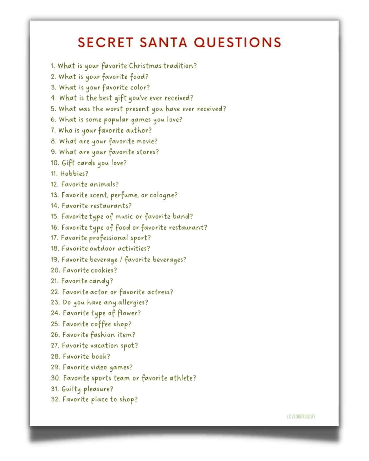 Printable Secret Santa Questionnaire Adults